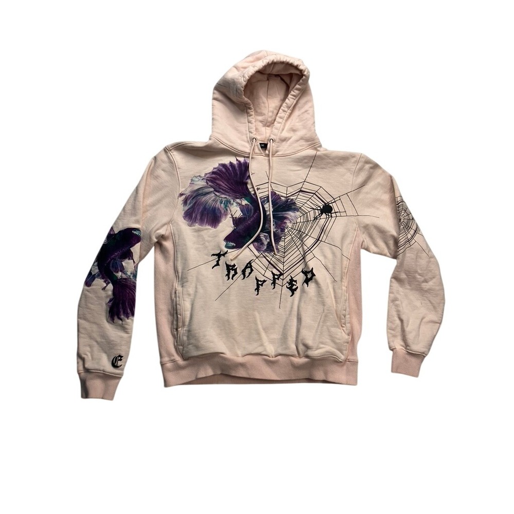 ETNT Trapped Hoodie Womens L Pink Betta‎ Fish Spider Web Graphic Sweatshirt